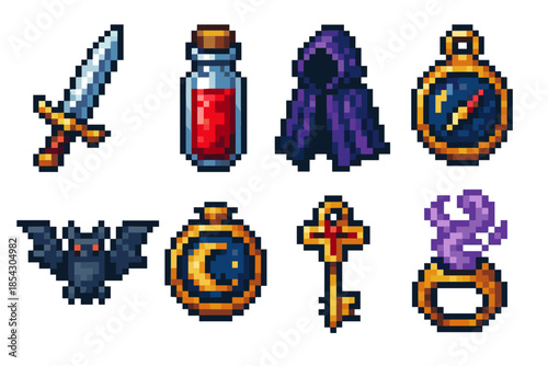 Pixel art fantasy game icons: sword, potion, cloak, compass, bat, locket, key, ring