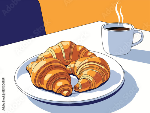 Croissant breakfast flat illustration with coffee, bakery morning food concept isolated on clean background, ideal for breakfast menus, cafés, and food promotions