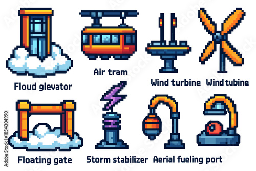 Pixel art futuristic transport vehicles and structures collection
