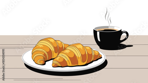 Croissant breakfast flat illustration with coffee, bakery morning food concept isolated on clean background, ideal for breakfast menus, cafés, and food promotions