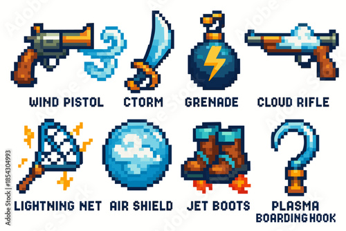 Vintage pixel art weapons and tools collection with unique designs