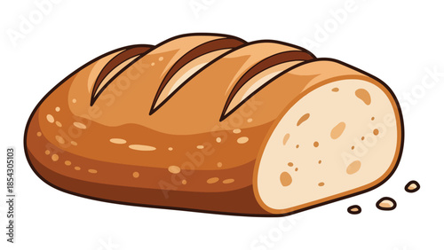 Artisan bread loaf flat illustration with rustic crust texture, isolated on clean background, ideal for bakery branding, bread packaging, and food education visuals
