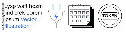 Technology, scheduling, authentication, renewable energy, branding, productivity. A plug with a lightning bolt, calendar icon and round token stamp. Technology and scheduling concept visuals