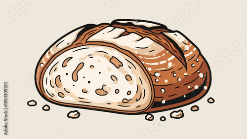 Artisan bread loaf flat illustration with rustic crust texture, isolated on clean background, ideal for bakery branding, bread packaging, and food education visuals