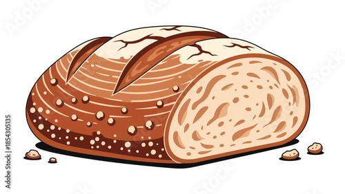 Artisan bread loaf flat illustration with rustic crust texture, isolated on clean background, ideal for bakery branding, bread packaging, and food education visuals