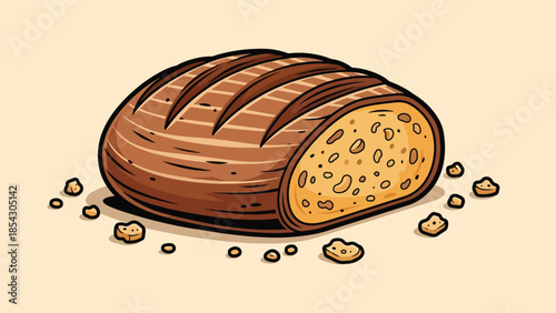 Artisan bread loaf flat illustration with rustic crust texture, isolated on clean background, ideal for bakery branding, bread packaging, and food education visuals