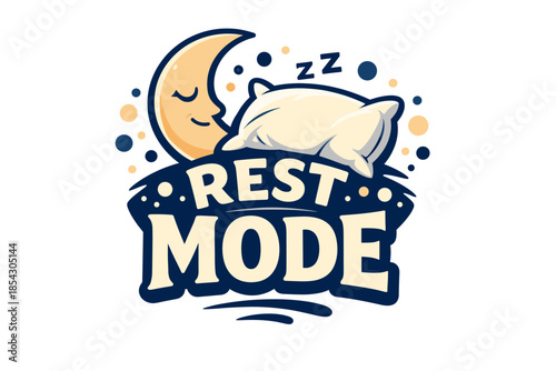 Rest mode logo with moon, pillow, and stars for sleep or relaxation themes