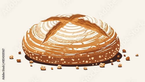 Artisan bread loaf flat illustration with rustic crust texture, isolated on clean background, ideal for bakery branding, bread packaging, and food education visuals