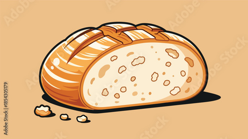 Artisan bread loaf flat illustration with rustic crust texture, isolated on clean background, ideal for bakery branding, bread packaging, and food education visuals