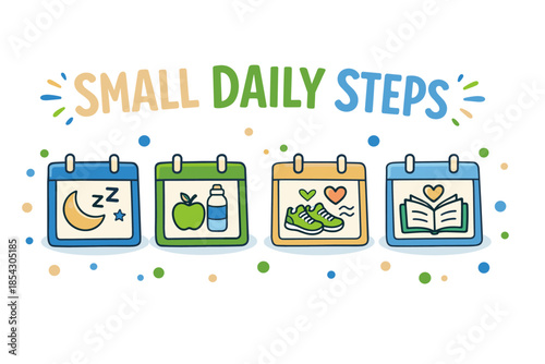 Small daily steps icons: sleep, nutrition, exercise, reading