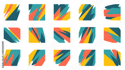 Dynamic Abstract Geometric Shapes Pattern In Teal Yellow Coral And Blue
