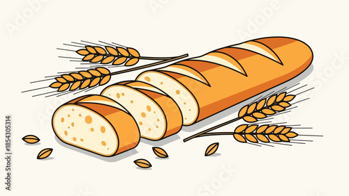 French baguette bread flat illustration with wheat elements, classic bakery food isolated on clean background, ideal for bakery signage, menus, and food branding
