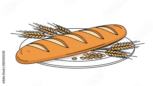 French baguette bread flat illustration with wheat elements, classic bakery food isolated on clean background, ideal for bakery signage, menus, and food branding