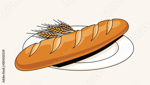 French baguette bread flat illustration with wheat elements, classic bakery food isolated on clean background, ideal for bakery signage, menus, and food branding