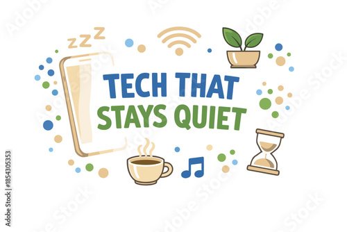 Silent technology concept with phone, coffee, plant, and hourglass icons