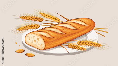 French baguette bread flat illustration with wheat elements, classic bakery food isolated on clean background, ideal for bakery signage, menus, and food branding