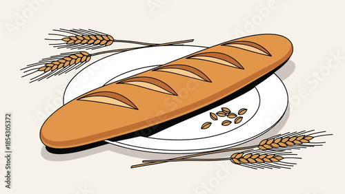 French baguette bread flat illustration with wheat elements, classic bakery food isolated on clean background, ideal for bakery signage, menus, and food branding