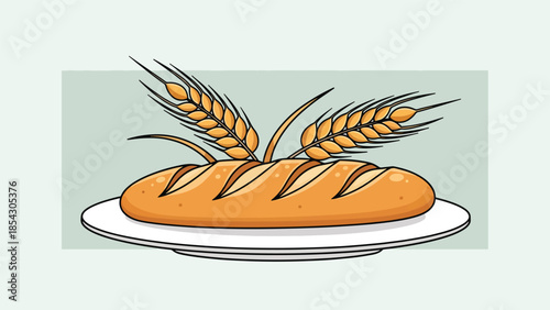 French baguette bread flat illustration with wheat elements, classic bakery food isolated on clean background, ideal for bakery signage, menus, and food branding