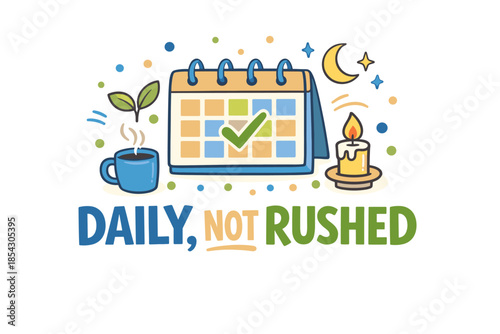 Daily routine poster with calendar, coffee mug, candle, and plant illustrations