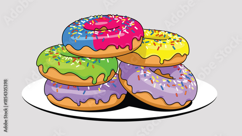 Colorful donut variety flat illustration with glaze and sprinkles, sweet snack concept isolated on clean background, ideal for dessert menus, cafés, and food promotions