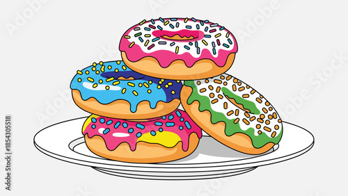 Colorful donut variety flat illustration with glaze and sprinkles, sweet snack concept isolated on clean background, ideal for dessert menus, cafés, and food promotions