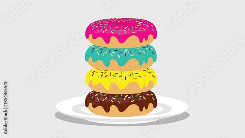 Colorful donut variety flat illustration with glaze and sprinkles, sweet snack concept isolated on clean background, ideal for dessert menus, cafés, and food promotions