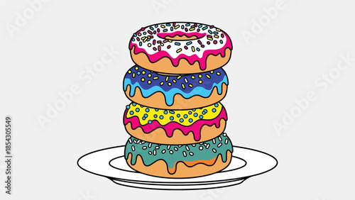 Colorful donut variety flat illustration with glaze and sprinkles, sweet snack concept isolated on clean background, ideal for dessert menus, cafés, and food promotions