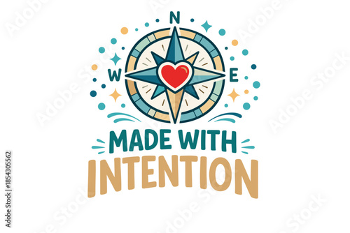 Colorful compass emblem with heart and positive message on white background