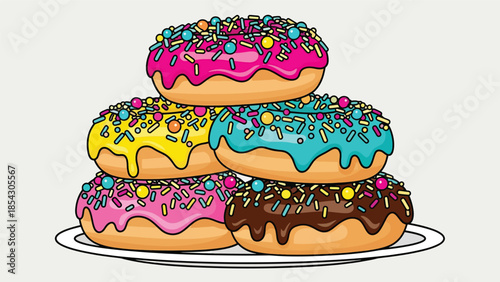 Colorful donut variety flat illustration with glaze and sprinkles, sweet snack concept isolated on clean background, ideal for dessert menus, cafés, and food promotions