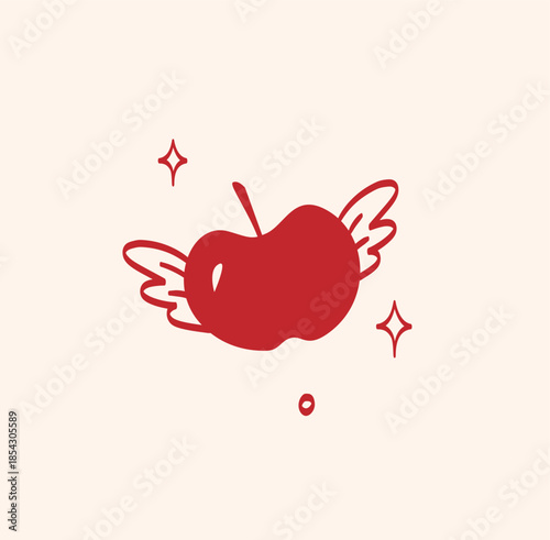 Minimal red illustration of apple heart with wings and elegant lines and sparkles in vintage style. Element is perfect for greeting cards, invitations, print, wedding, tattoo, packaging, advertising