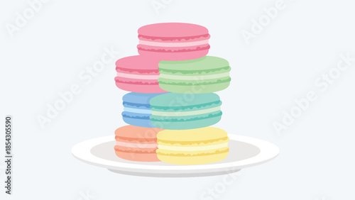 Pastel macaron dessert flat illustration stacked neatly, elegant bakery concept isolated on clean background, ideal for luxury dessert branding and café menus
