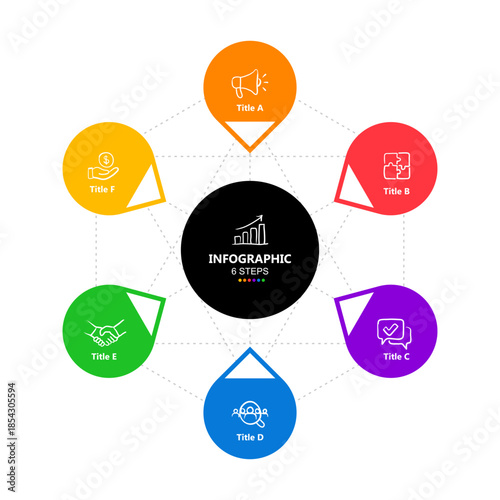 6-step connection circle infographic with connection lines for a complete business presentation template with icons and titles. Vector infographic. 6-step Venn diagram.