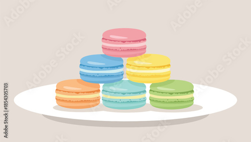 Pastel macaron dessert flat illustration stacked neatly, elegant bakery concept isolated on clean background, ideal for luxury dessert branding and café menus