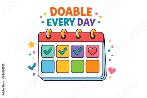 Colorful calendar design with daily motivation and symbols for organization