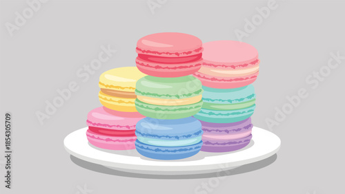 Pastel macaron dessert flat illustration stacked neatly, elegant bakery concept isolated on clean background, ideal for luxury dessert branding and café menus