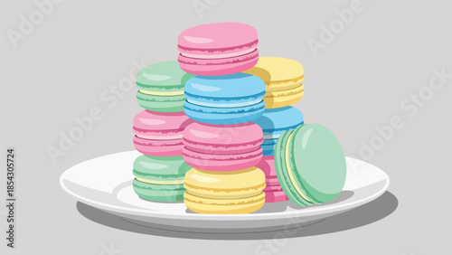 Pastel macaron dessert flat illustration stacked neatly, elegant bakery concept isolated on clean background, ideal for luxury dessert branding and café menus