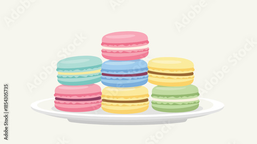 Pastel macaron dessert flat illustration stacked neatly, elegant bakery concept isolated on clean background, ideal for luxury dessert branding and café menus