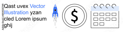 Business planning, financial strategy, entrepreneurship, investment, productivity, time management. Rocket, dollar symbol and calendar . Business planning and financial strategy concept