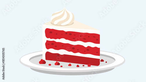 Red velvet cake slice flat illustration with cream cheese frosting, premium bakery dessert isolated on clean background, ideal for bakery menus, dessert branding, and food advertising