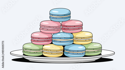 Pastel macaron dessert flat illustration stacked neatly, elegant bakery concept isolated on clean background, ideal for luxury dessert branding and café menus