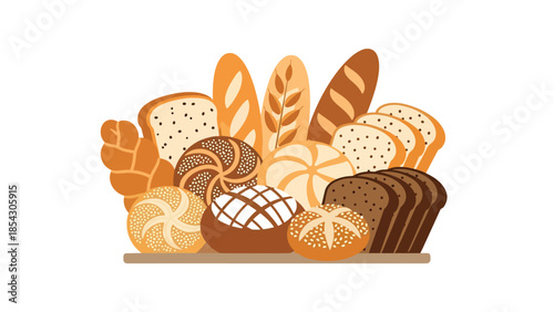 Bread basket flat illustration with assorted rolls and slices, bakery assortment concept isolated on clean background, ideal for restaurant menus, bakery branding, and food graphics