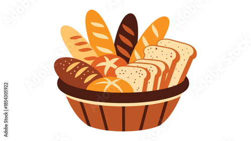 Bread basket flat illustration with assorted rolls and slices, bakery assortment concept isolated on clean background, ideal for restaurant menus, bakery branding, and food graphics