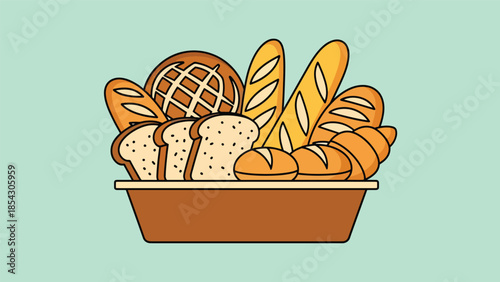 Bread basket flat illustration with assorted rolls and slices, bakery assortment concept isolated on clean background, ideal for restaurant menus, bakery branding, and food graphics