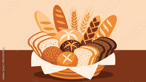 Bread basket flat illustration with assorted rolls and slices, bakery assortment concept isolated on clean background, ideal for restaurant menus, bakery branding, and food graphics