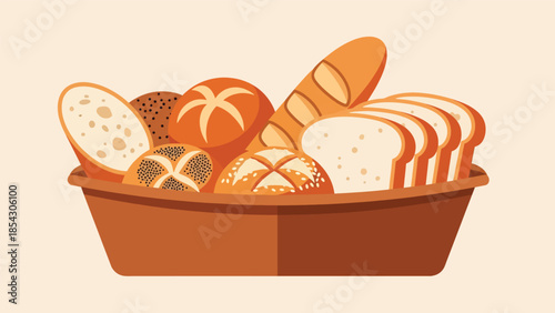 Bread basket flat illustration with assorted rolls and slices, bakery assortment concept isolated on clean background, ideal for restaurant menus, bakery branding, and food graphics