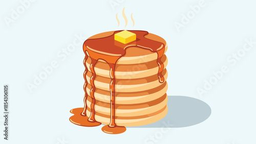 Pancake stack flat illustration with syrup and butter, breakfast dessert concept isolated on clean background, ideal for breakfast menus, cafés, and food promotions