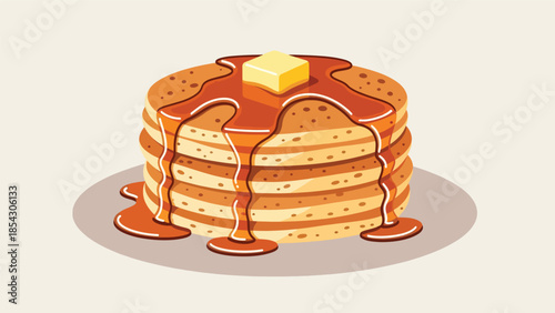 Pancake stack flat illustration with syrup and butter, breakfast dessert concept isolated on clean background, ideal for breakfast menus, cafés, and food promotions