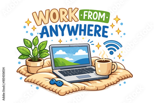 Work from anywhere setup with laptop, coffee, and plants