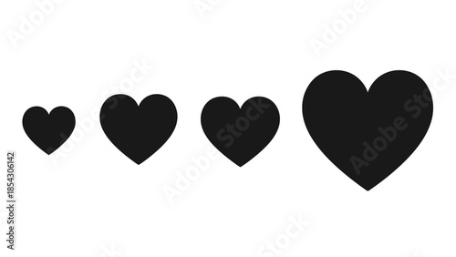 Four black hearts of varying sizes displayed in a row on a white background