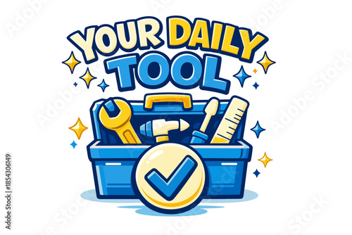Colorful tool box featuring wrench, drill, and ruler with checkmark icon